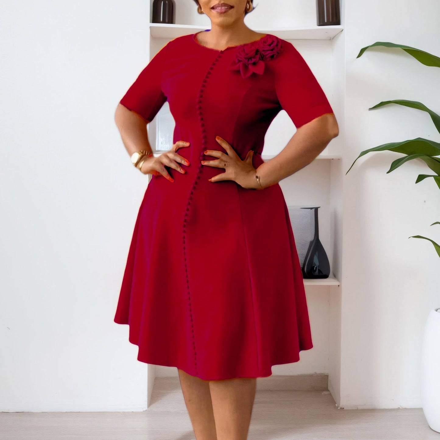 Women's Short-sleeved Solid Color Round Neck Elegant Dress
