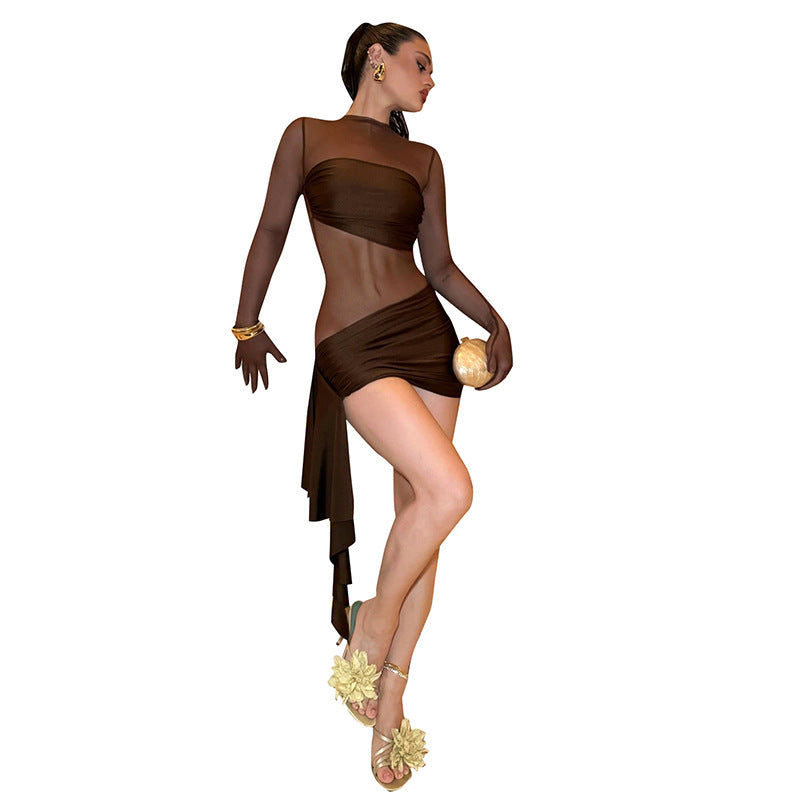 Women's Autumn Sexy Mesh Hollow Pleated Round Neck Dresses