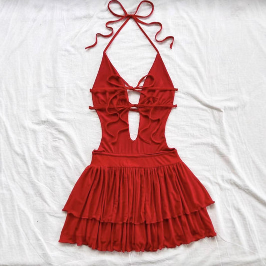 Summer Sexy Backless Lace Up Halter Dress