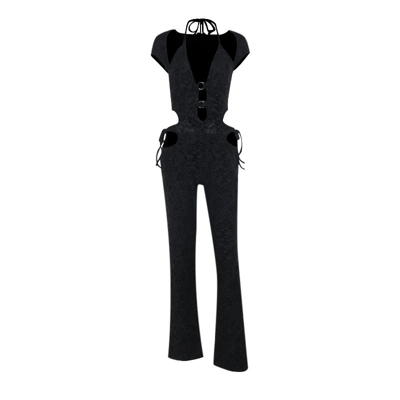 Women's Autumn Elegant Sexy Slim Flocking Halter Jumpsuits