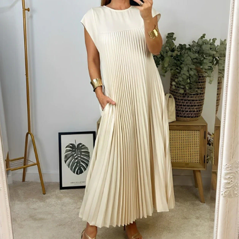 Solid Color Round Neck Sleeveless Pleated Dresses