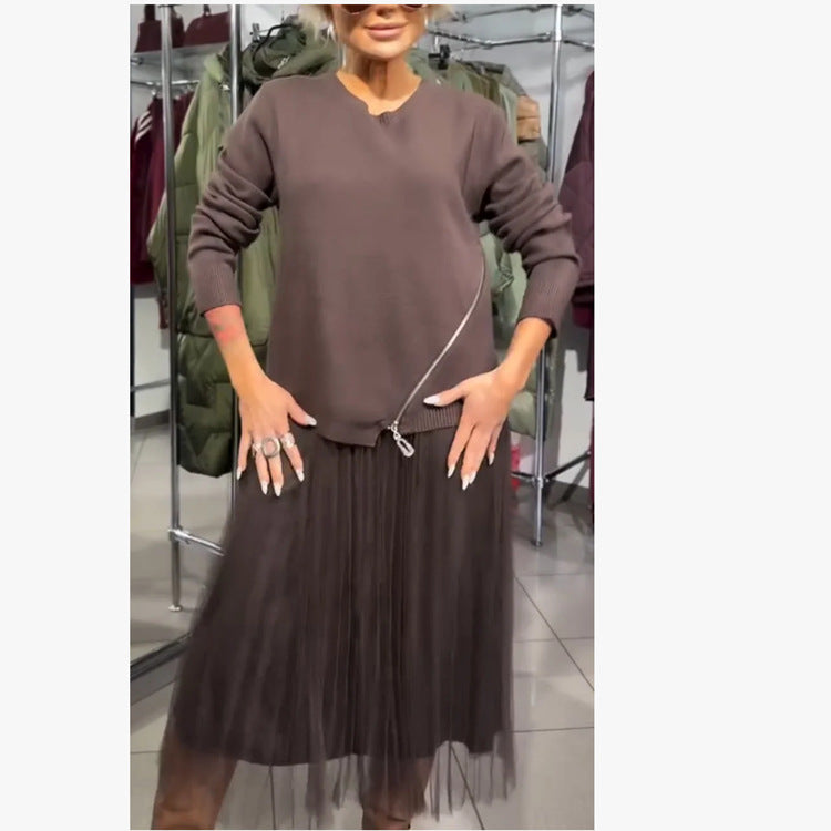 Women's Neck Knitting Needle Stitching Mesh Dress Dresses