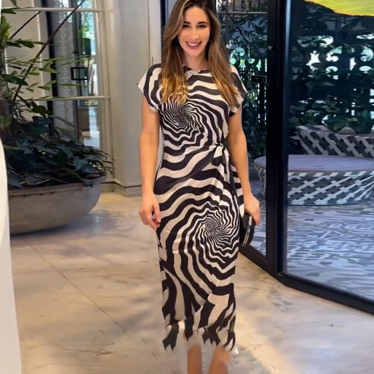 Spring Short-sleeved Side Slit Zebra Pattern Dresses