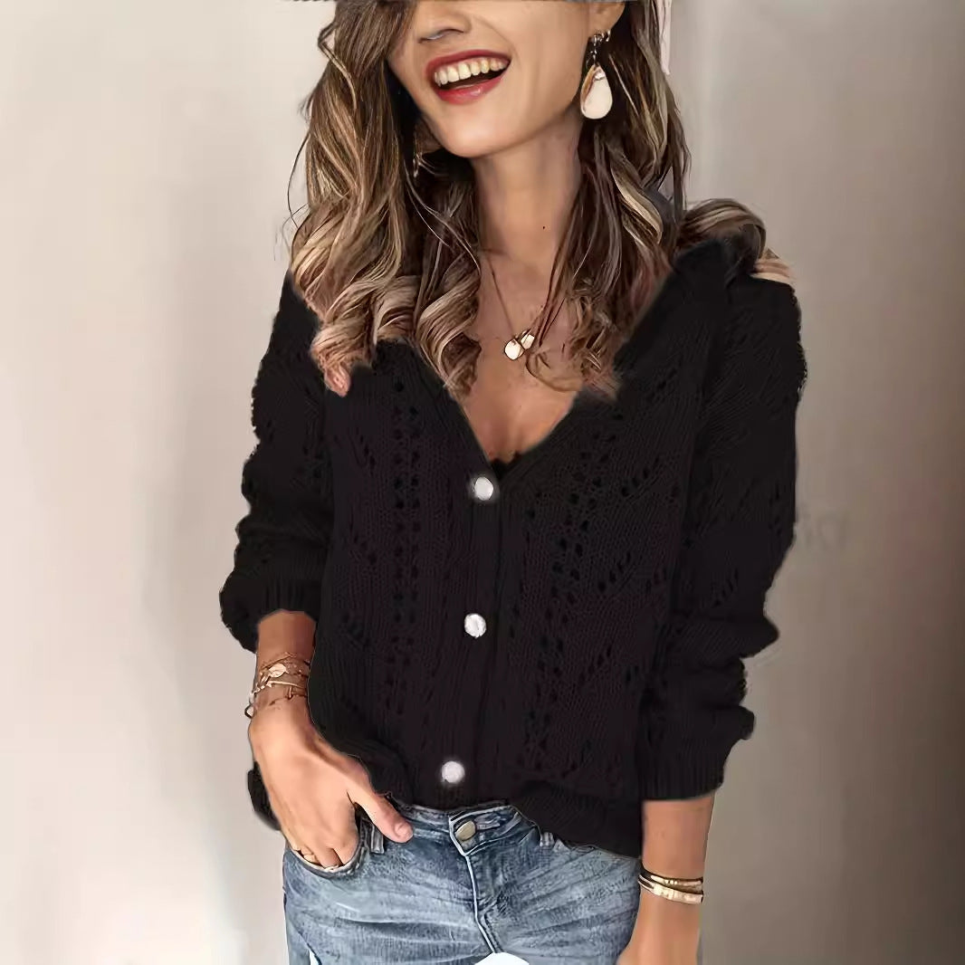Women's Elegant Knitted Hollow Crocheted Versatile Solid Sweater