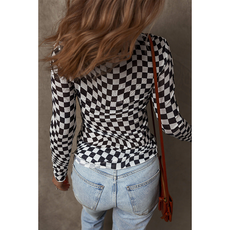 Women's Neck Bottoming Shirt Fashion Plaid Printed Blouses