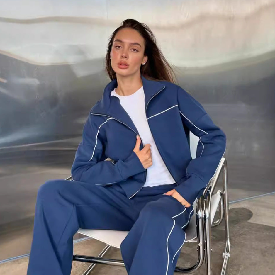 Women's Casual Long-sleeved Zipper Striped Trousers With An Suits