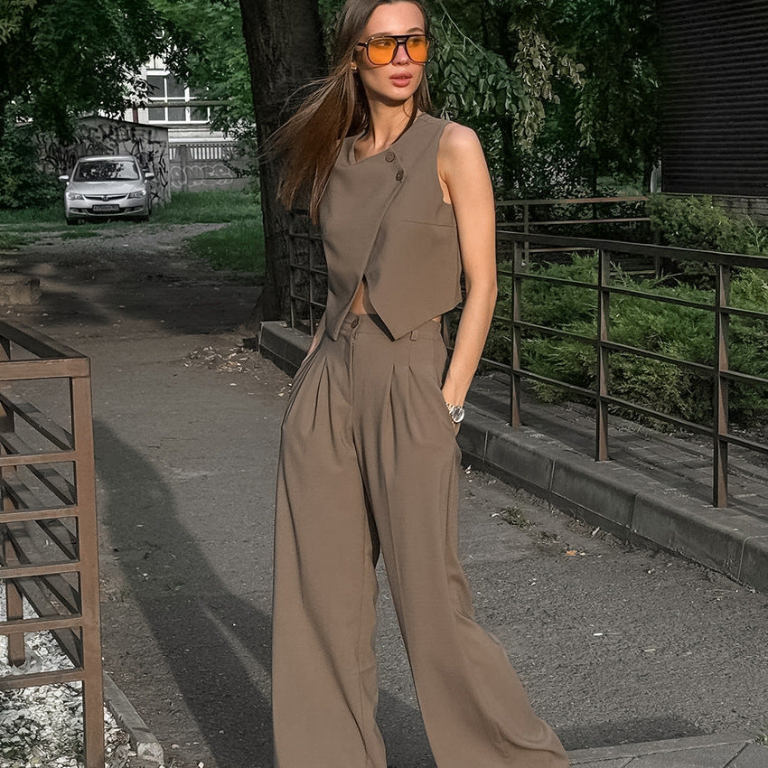 Women's Casual Khaki Fashion Elegant Sleeveless Trousers Suits