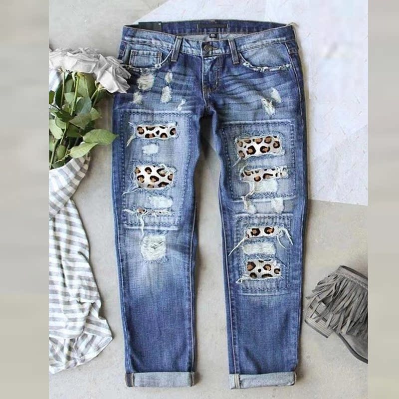 Women's Street Hipster Denim Leopard Print Jeans