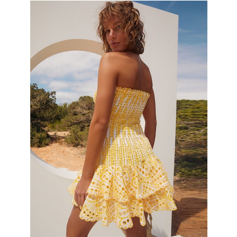 Bandeau Hollow Embroidered Cotton Stretch Waist Dresses