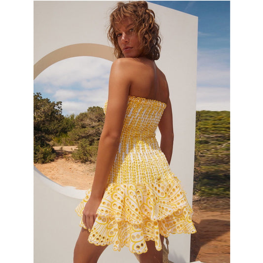 Bandeau Hollow Embroidered Cotton Stretch Waist Dresses