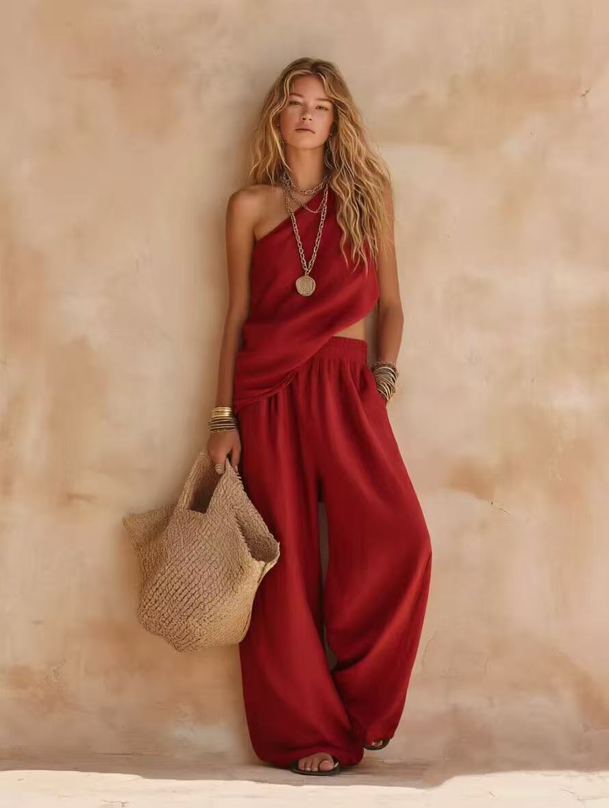 Women's Solid Color Cotton Linen One Shoulder Sleeveless Fashion Casual Suit