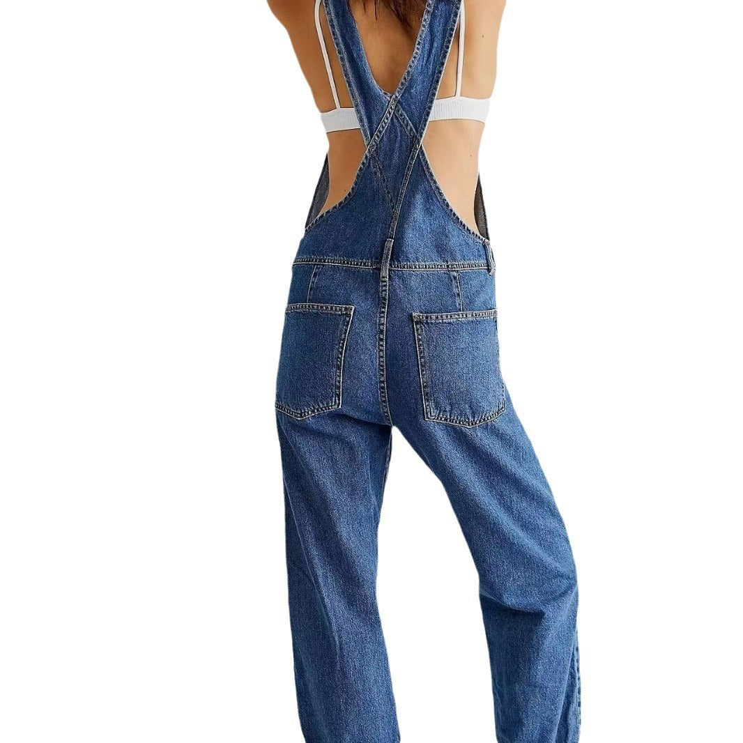 Women's Fashion Casual Loose Denim Suspender Trousers Jeans
