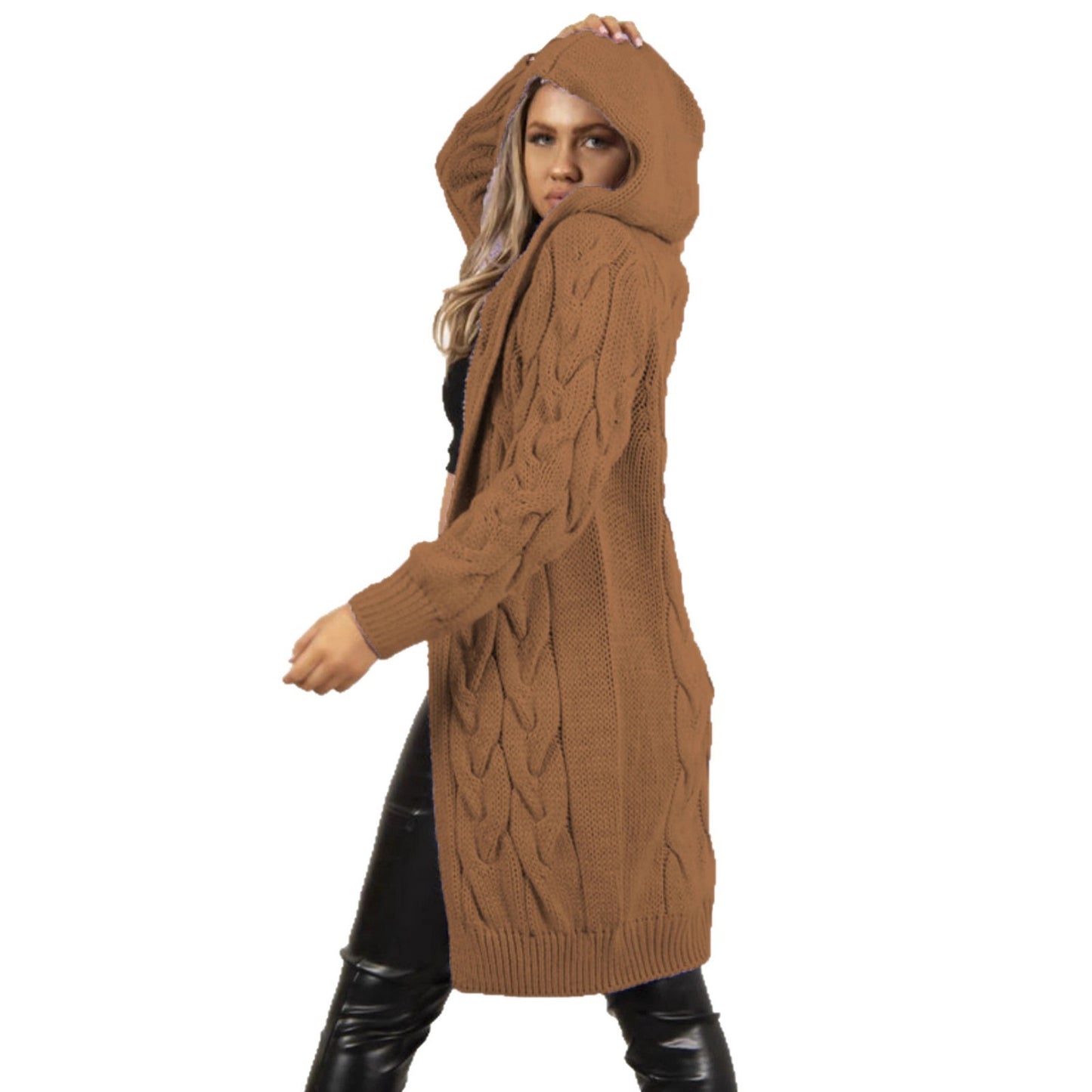 Women's Twist Braid Idle Style Hooded Mid-length Women's Sweater