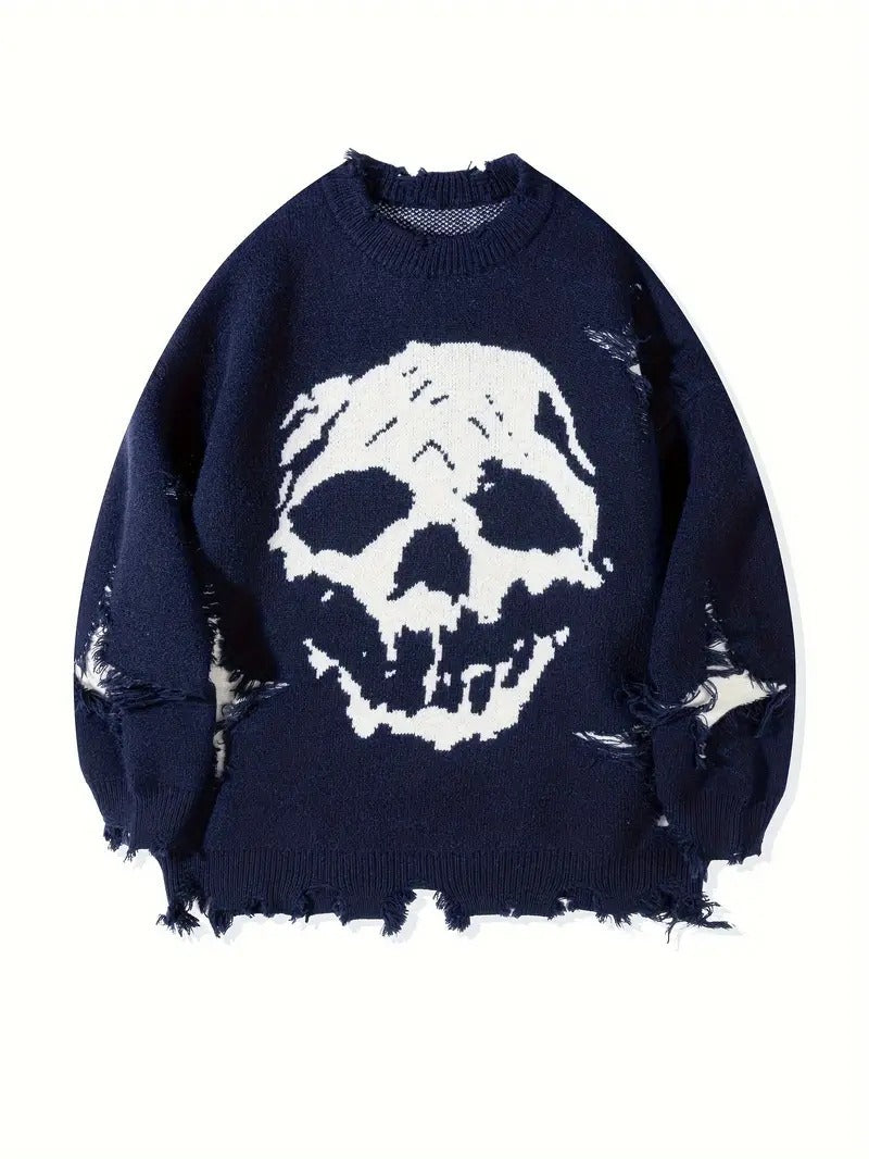 Women's & Men's & Hip Hop Dark Street Skull Jacquard Ripped Sweaters