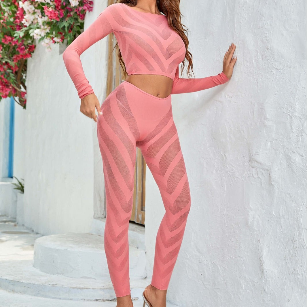 Women's Round Neck Long-sleeved Trousers Navel Sexy Slim Fashion Casual Suit