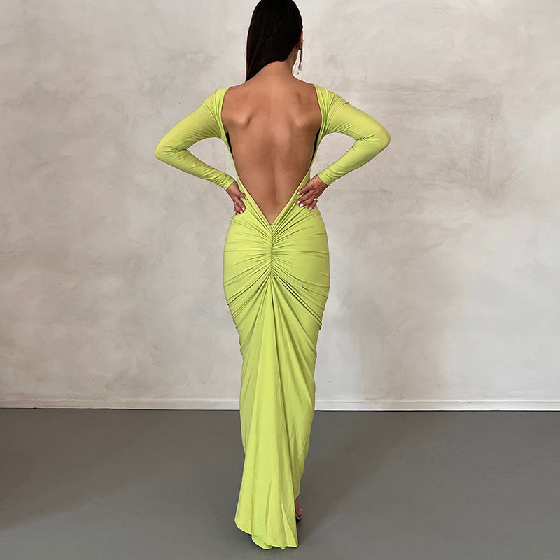 Sexy Backless Pleated Long Elegant Slim Dresses