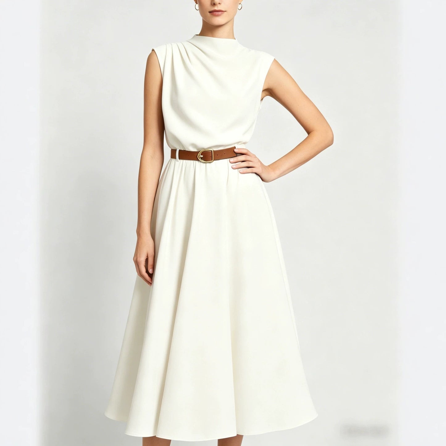 Summer Turtleneck Sleeveless Single Side Pleating With Dress