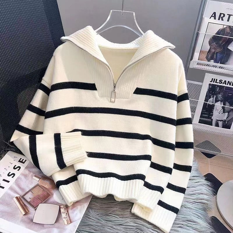 Contrast Color Striped Loose Idle Korean Style Pullover Urban Half Women's Sweater
