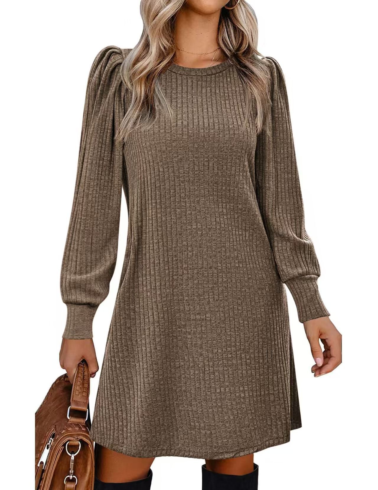 Women's Knitted Emerized Solid Color Round Neck Puff Dress