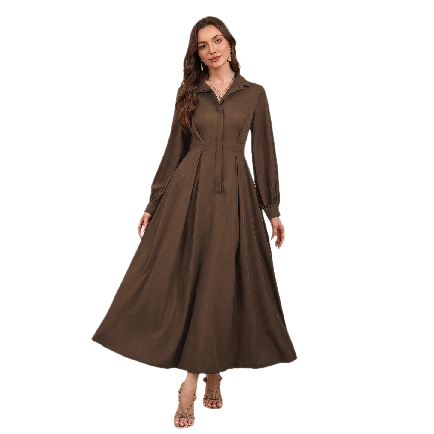 Women's Pocket Elegant Shirt Collar Slimming Solid Color A- Line For Dress