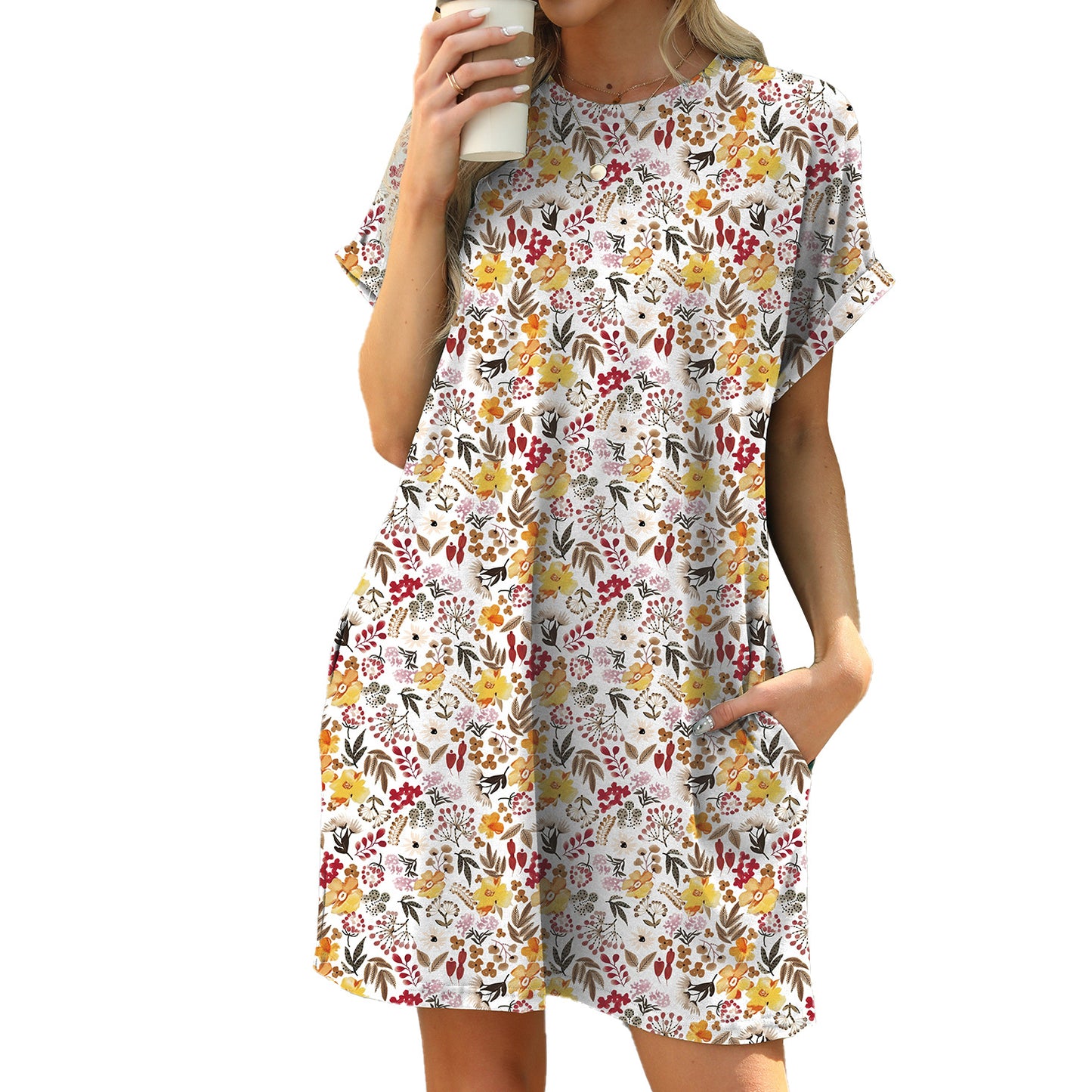 Loose Round Neck Sleeve Printed Pocket Dress