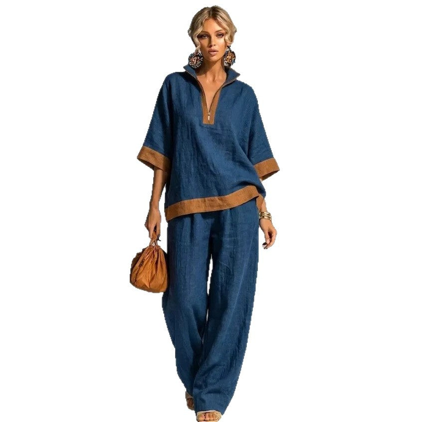 Women's Color Half Zipper Cotton Linen Half-sleeve Fashion Casual Suit