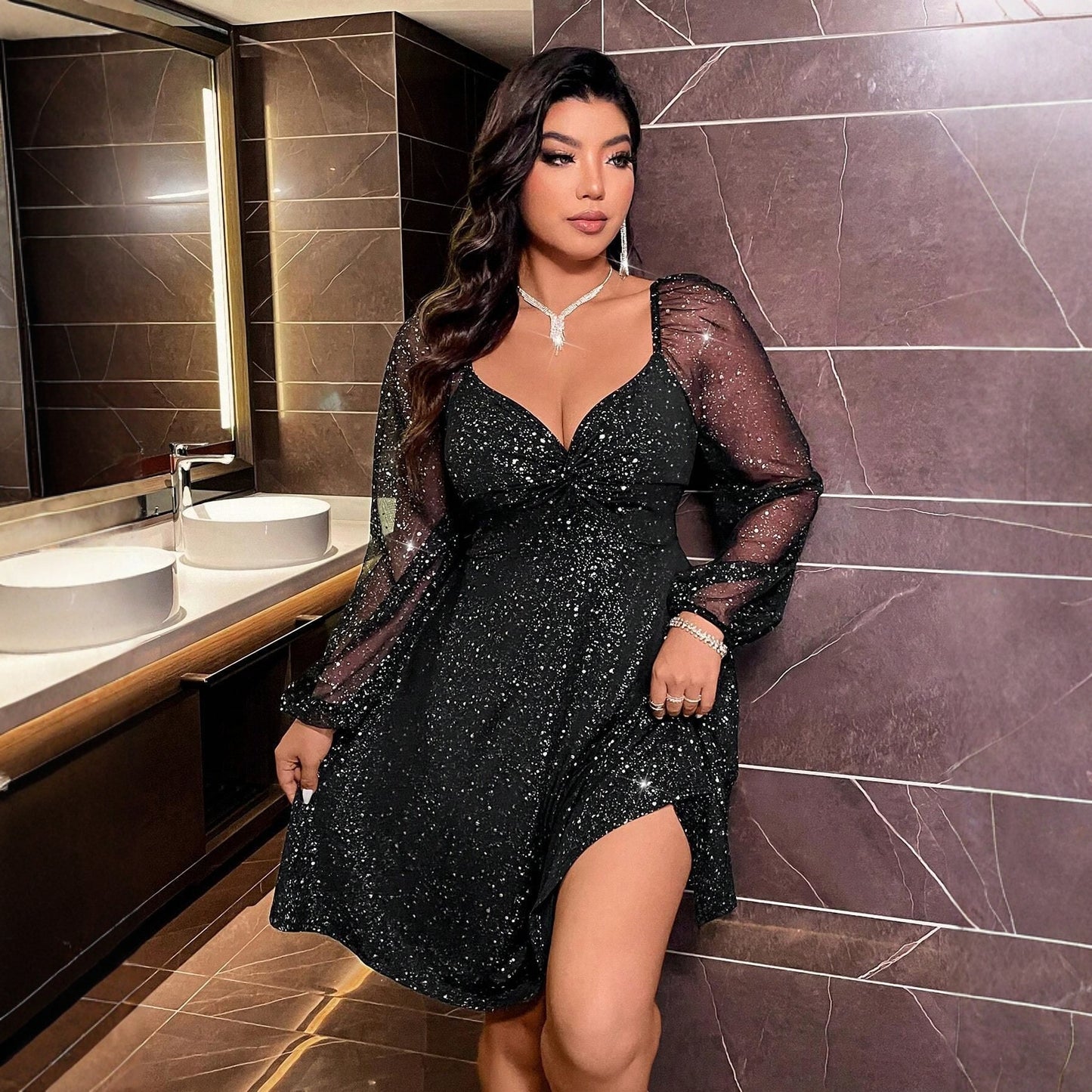 Women's Mesh Flash Solid Color Party Banquet Dress