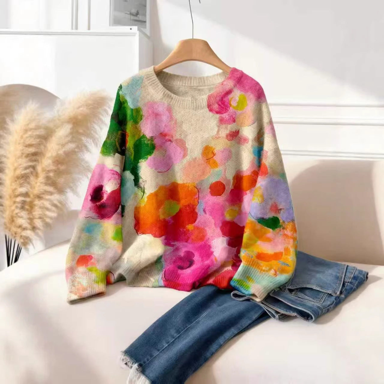 Women's Fashion Floral Print Casual Elegant Wear Match Round Neck Knitwear