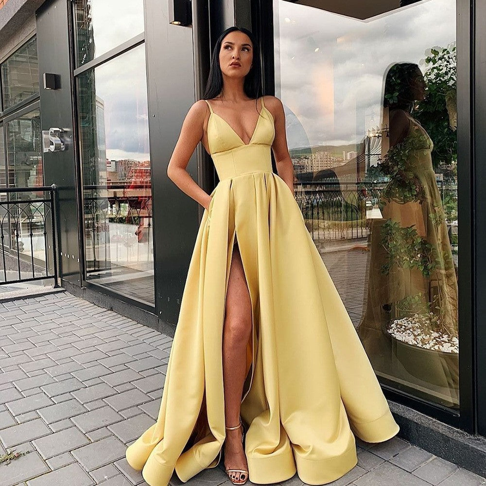Women's Sexy Sling Dress Deep V Slit Wedding Dresses