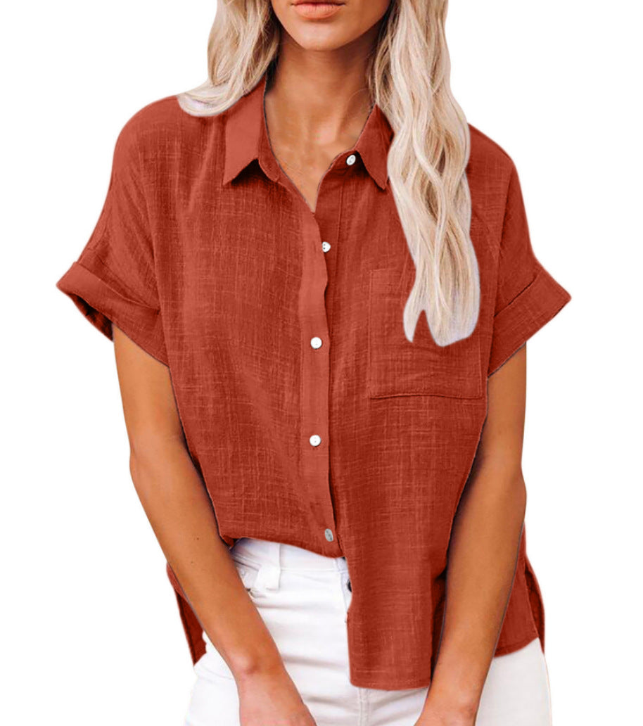 Women's Solid Color Linen Shirt Sleeve Casual Shorts