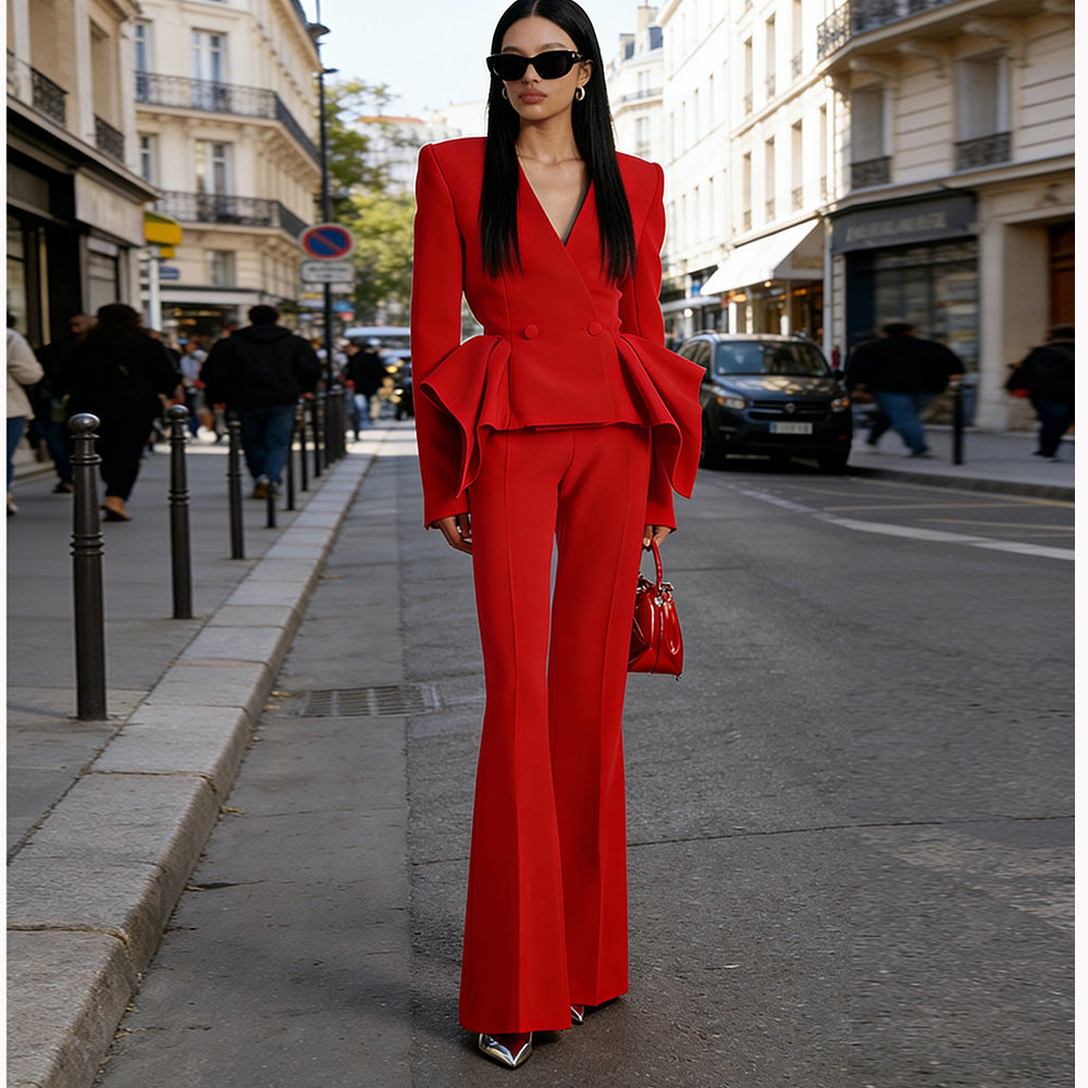 Slouchy Designer Ruffle Slim Two-piece Set Fashion Casual Suit