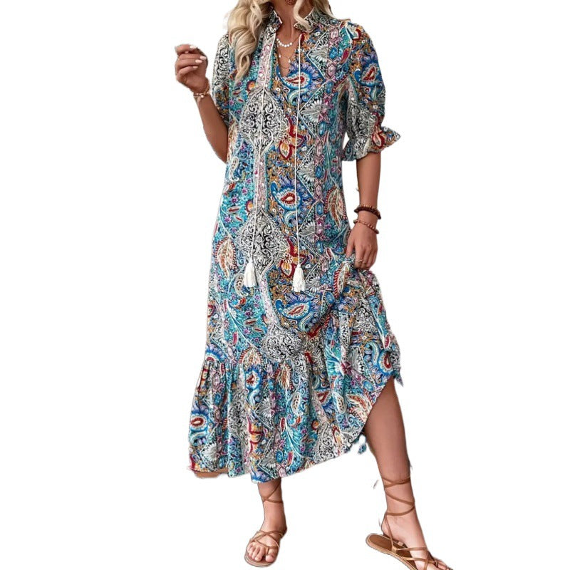 New Women's Autumn Tied Lotus Leaf Dress