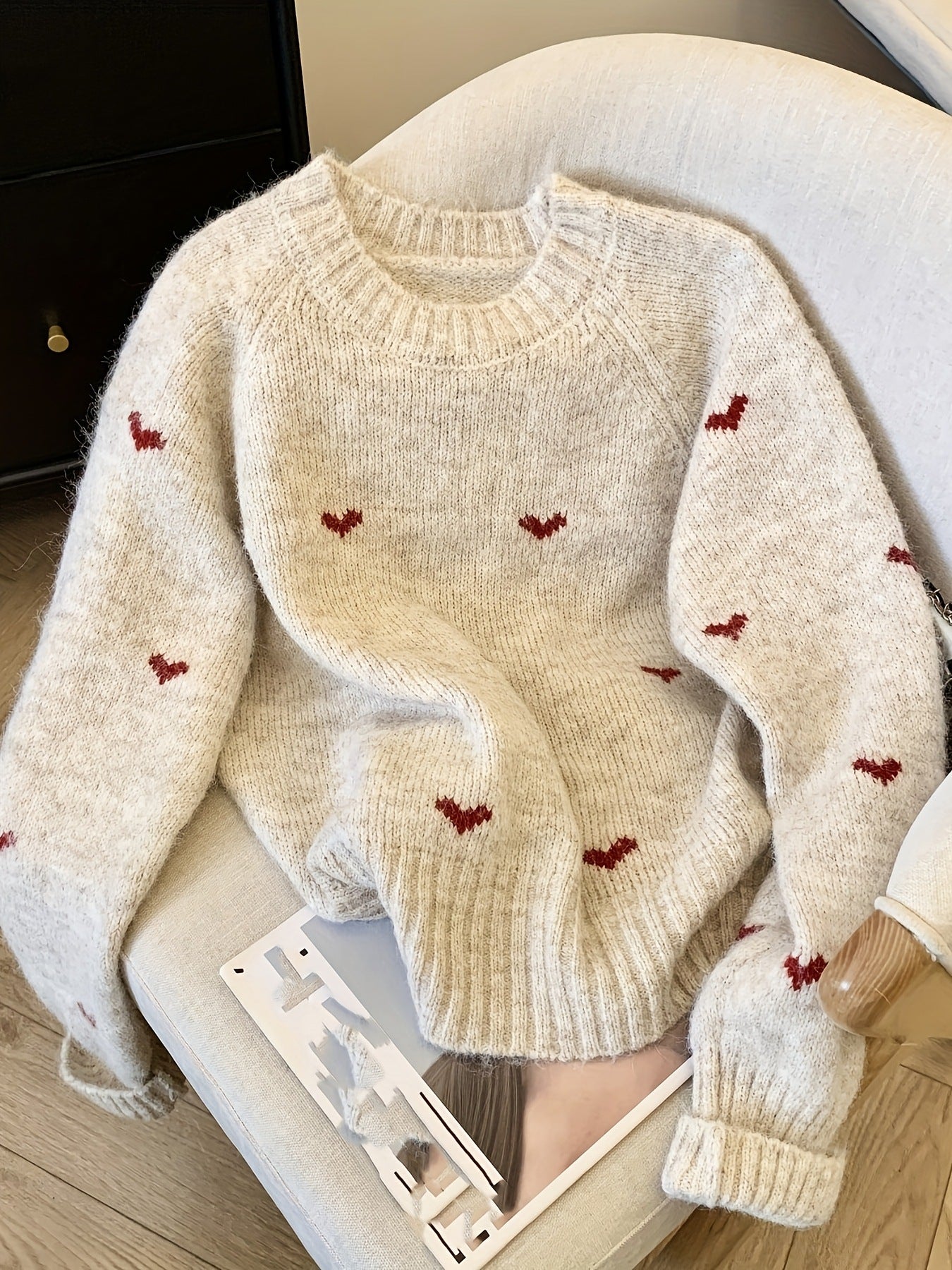 Heart Jacquard Warm Loose Round Neck Sweater