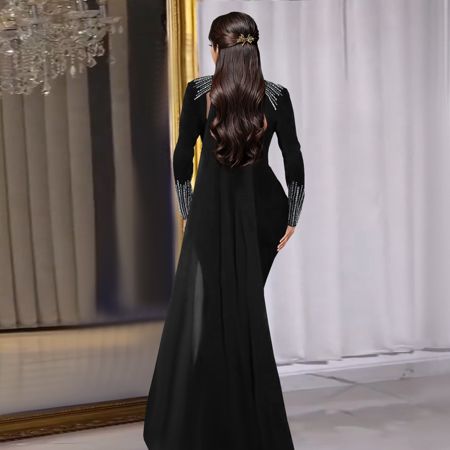 Women's Fashion Wear Elegant Rhinestone Long Sleeve Dresses