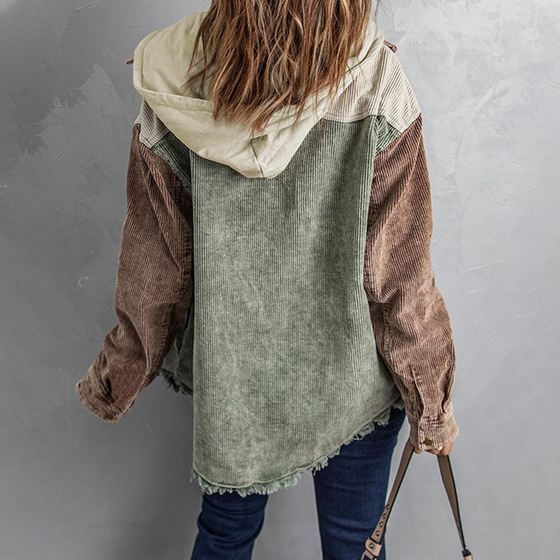 Women's Hooded For Color Contrast Patchwork Single-breasted Jackets