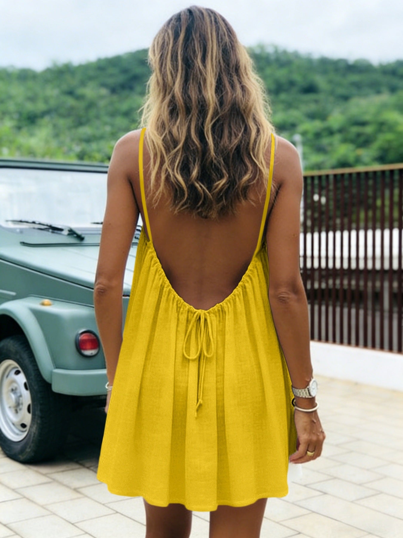 Women's Ice Silk Wrinkle Solid Color Pleating Backless Dress