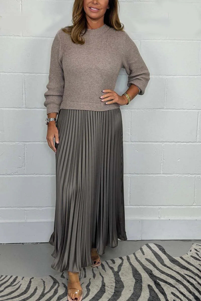 Women's Solid Color Knitted Long-sleeved Pullover Stitching Dresses