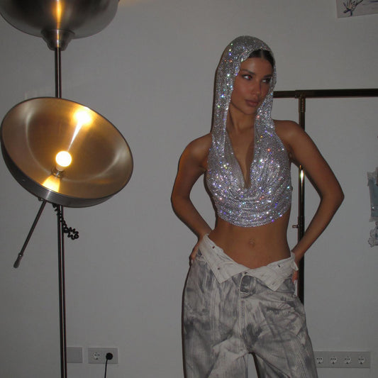 Women's Metal Sequins Hooded Street Hot Sexy Tops