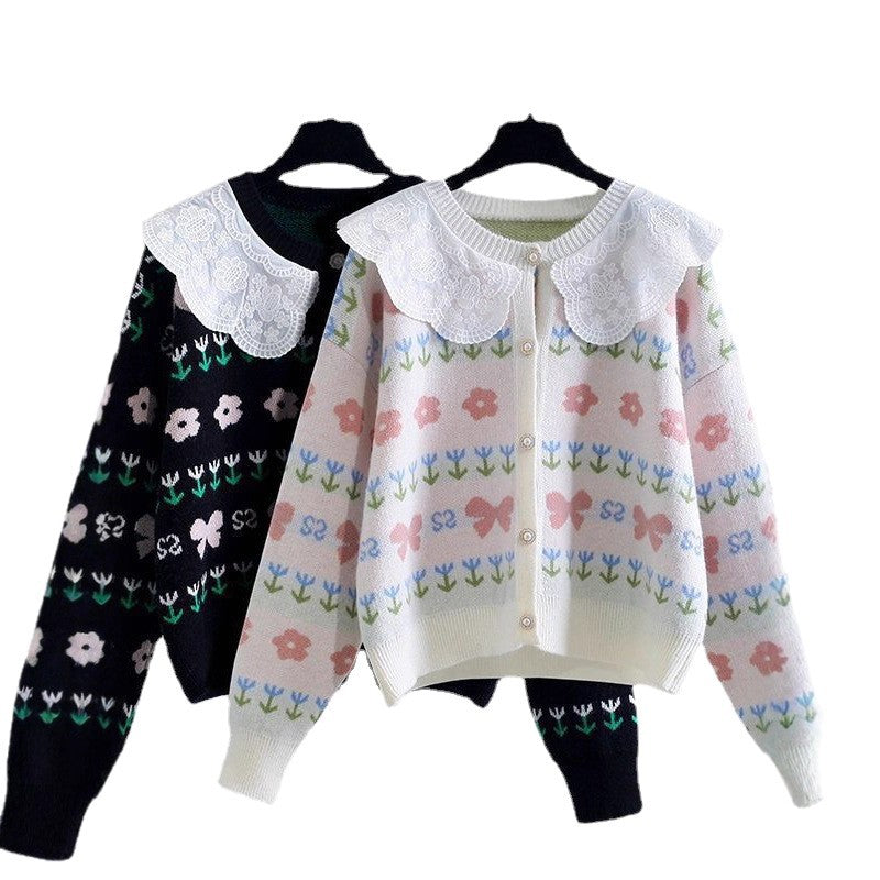 Women's Korean Patchwork Lace Peter Pan Collar Younger Fashion Loose Sweater