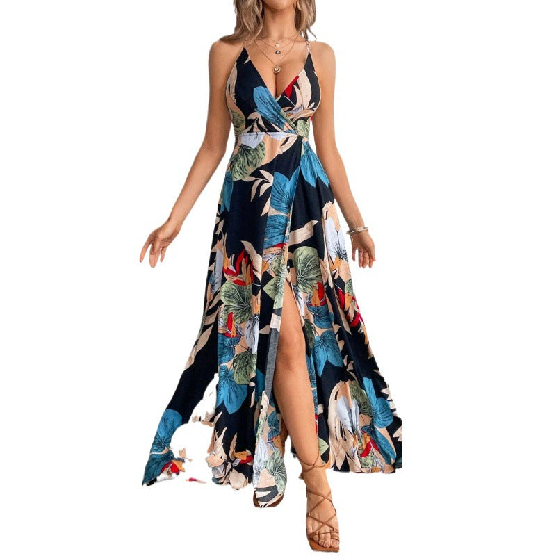 Attractive Tropical Printing Thigh Split Strap Dress