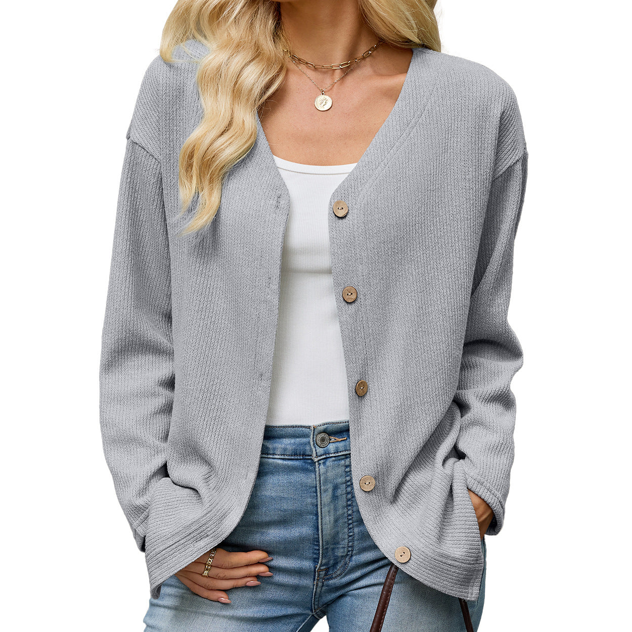 Women's Solid Color Loose Long Sleeve Button Women's Sweater