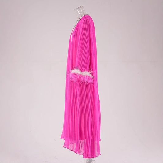 Women's Australian Fashion Beaded Feather Sleeve Long Autumn Hollow Pleated Dresses