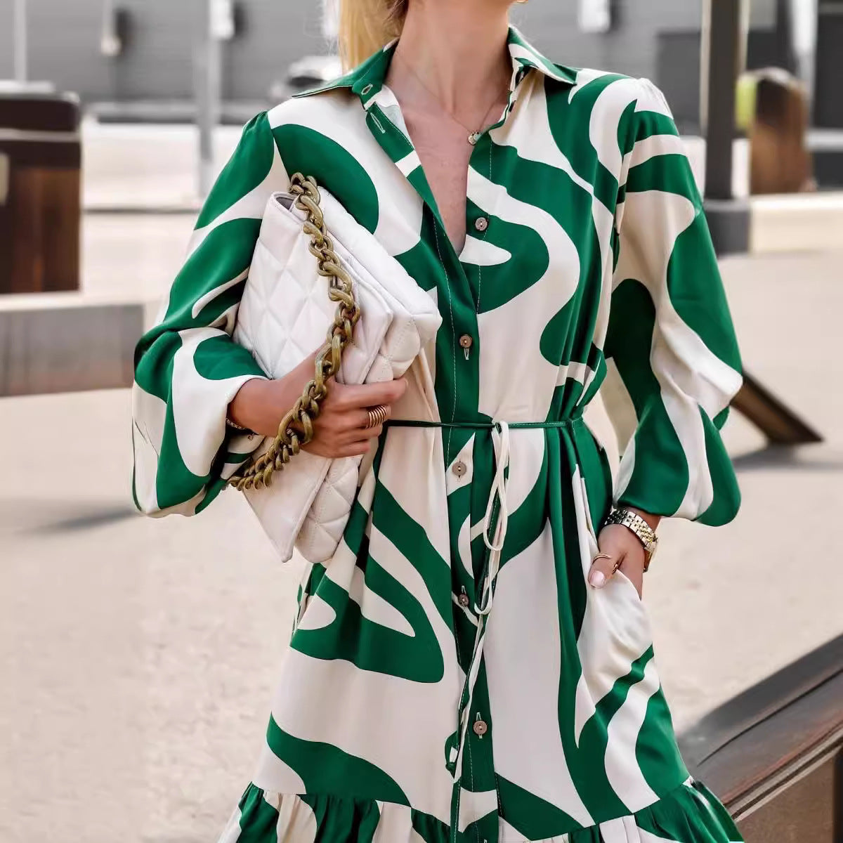 Autumn Fashion Printed Casual Pocket Long Dresses