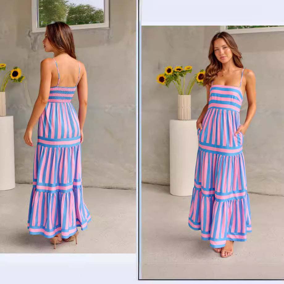 Women's Striped Positioning Printed Sling Backless Pocket Dresses