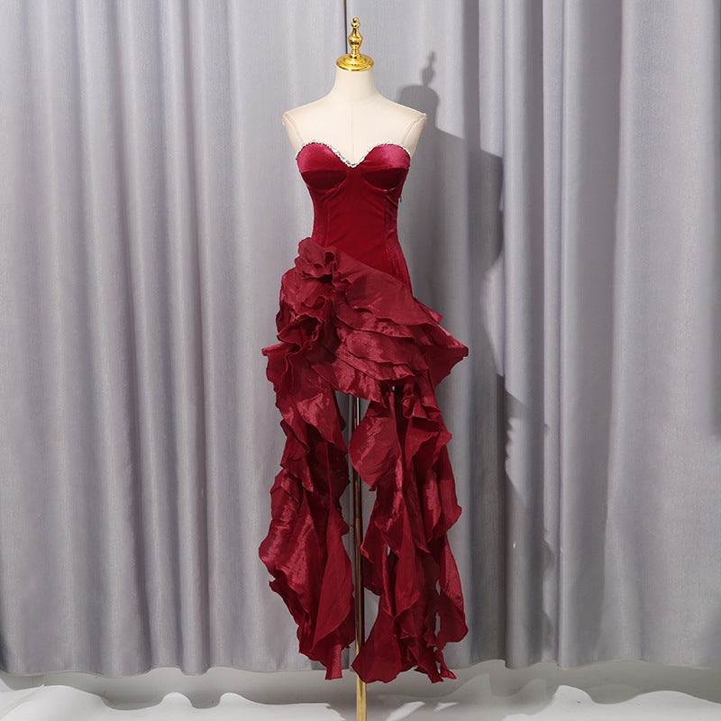 Women's Diamond Decorations Tube Ruffled Dress Autumn Dresses