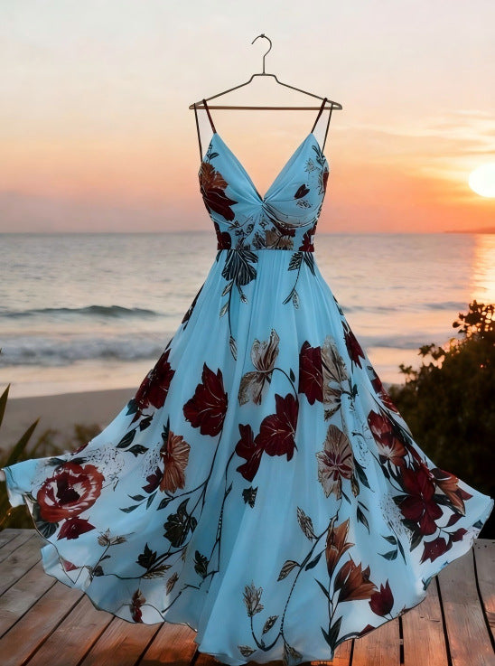 Durable Vacation Style Strap Printed Long Dress