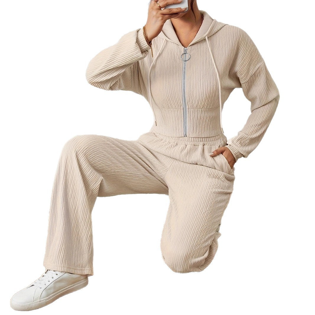 Color Texture Two-piece Long Sleeve Drop Shoulder Zipper Hoodie With Suits