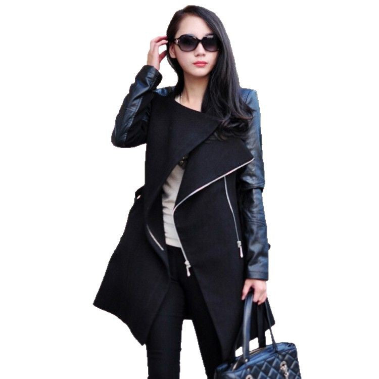 Mid-length Large Stitching Leather Sleeve Woolen Coats