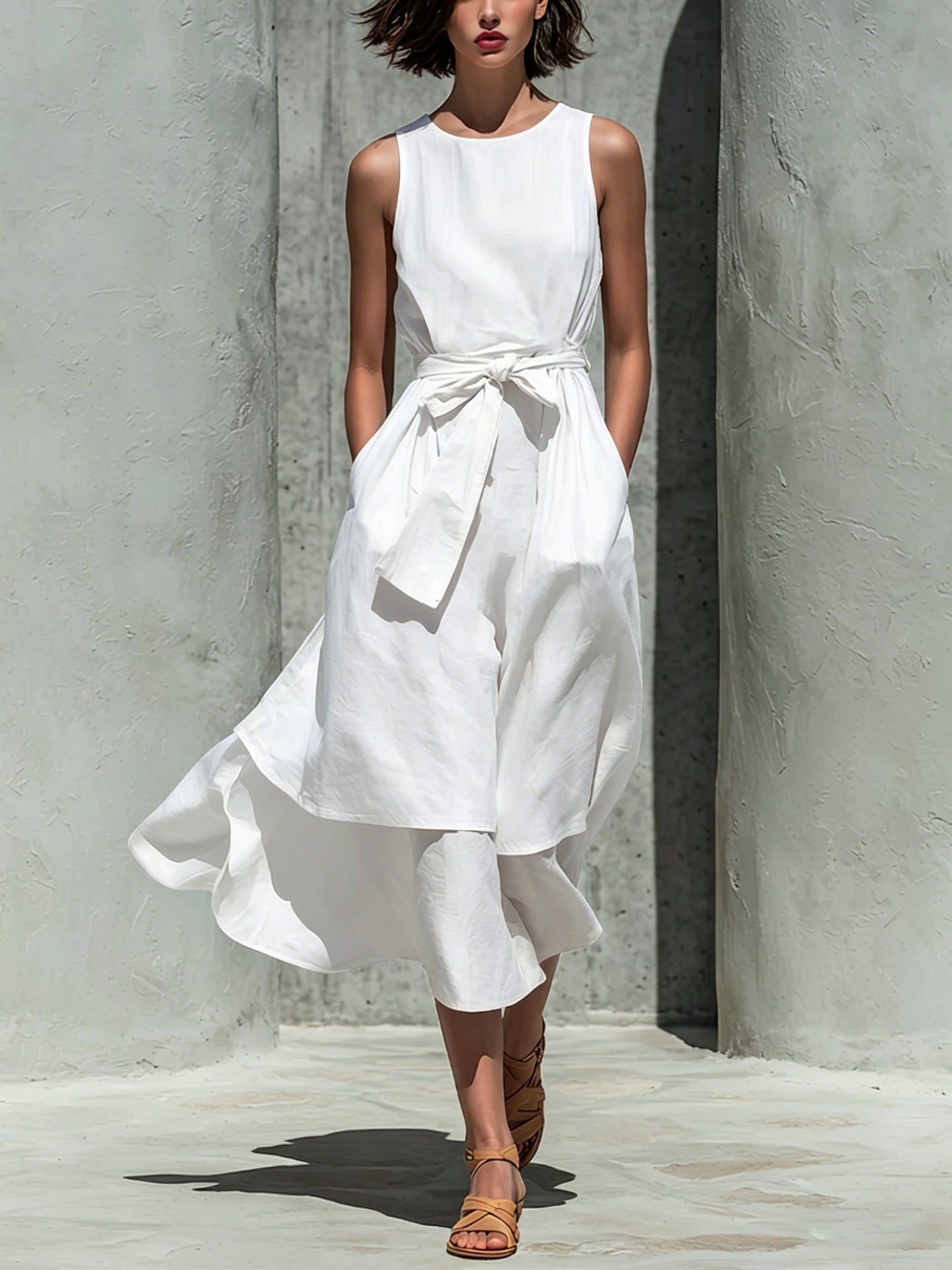 Sleeveless Round Neck Tied Waist Irregular Swing Dress