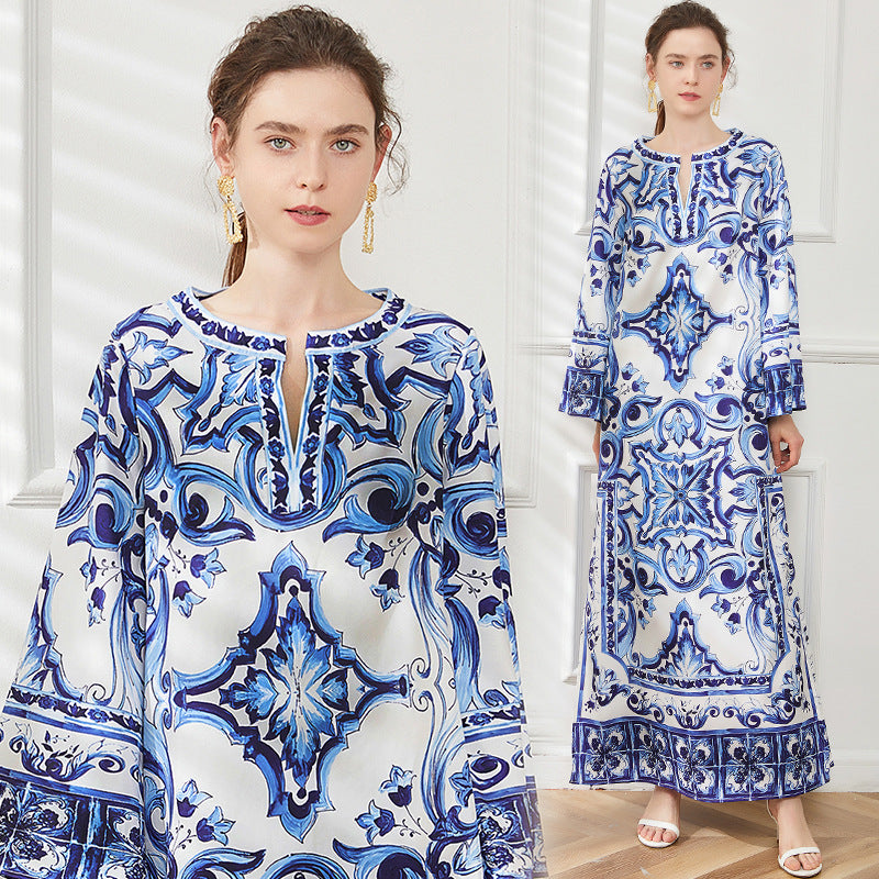 Women's Printed National Style Dress Summer Round Neck Wide Hem Dresses